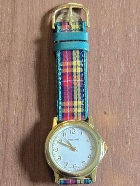 PEDRE Gold Tone Watch with Multicolor Plaid Strap - Needs Battery